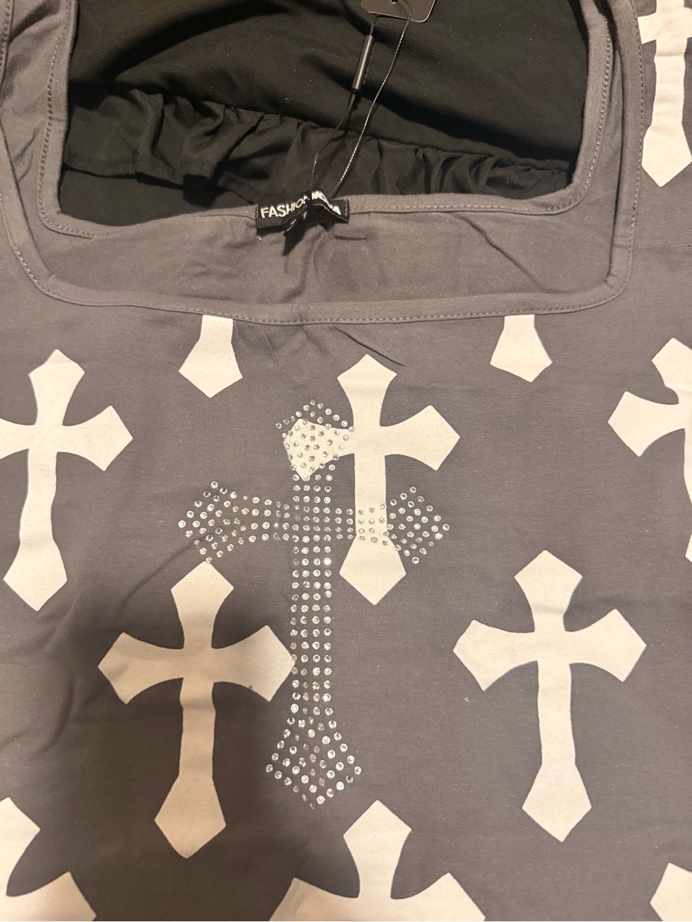 Fashion Nova Charcoal Mini Dress with Rhinestone Cross Detail